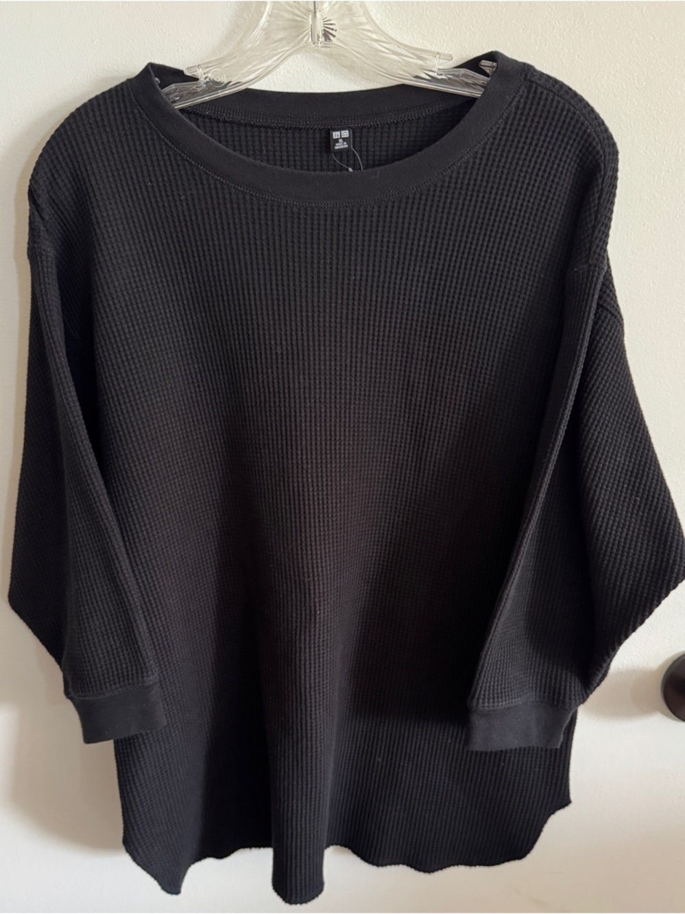 Uniqlo Japan Women’s Cotton Blend Black Waffle Knit 3/4 Sleeve Top Size XL Fall